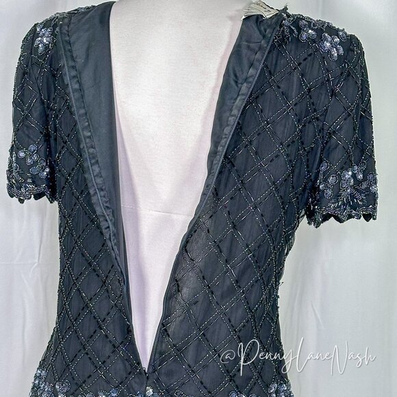 Stenay Vintage 80'S Floral Sequin Beaded Mesh Trim Blouse Black - Picture 9 of 14